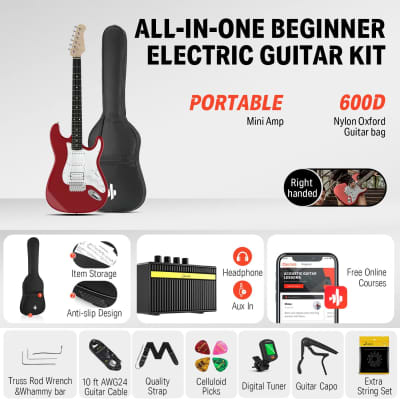 39 Inch Electric Guitar Beginner Kit Red Full Size Solid Body Hss