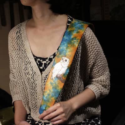 burnyblack handmade guitar strap - owl 4 mint/orange for sale