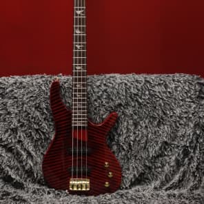Defrancesco 4 string bass, red & black stripes, bird inlays, Jazz pickups + hard shell case image 2