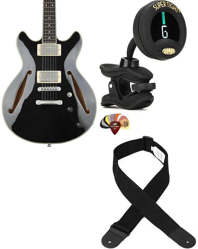 D'Angelico Excel Mini DC Tour Semi-hollowbody Electric Guitar - Black  Bundle with Snark ST-8 Super Tight Chromatic Tuner... (4 Items) image 1