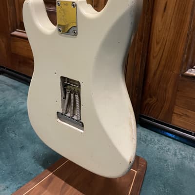 FREAKIN! Danocaster Strat 2014 Nicotine White with Anodized Gold Pickguard V-Neck (Video Demo) image 14