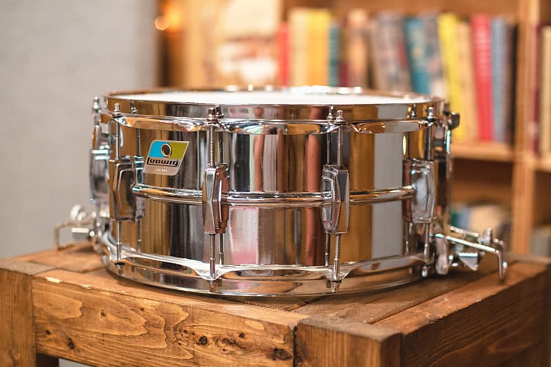 Ludwig No. 411 Super-Sensitive 6.5x14" Aluminum Snare Drum with Pointed Blue/Olive Badge 1969 - 1979 image 5