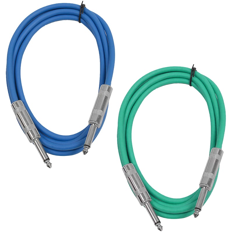 2 Pack of 6 Foot 1/4" TS Patch Cables 6' Extension Cords Jumper - Blue & Green image 1