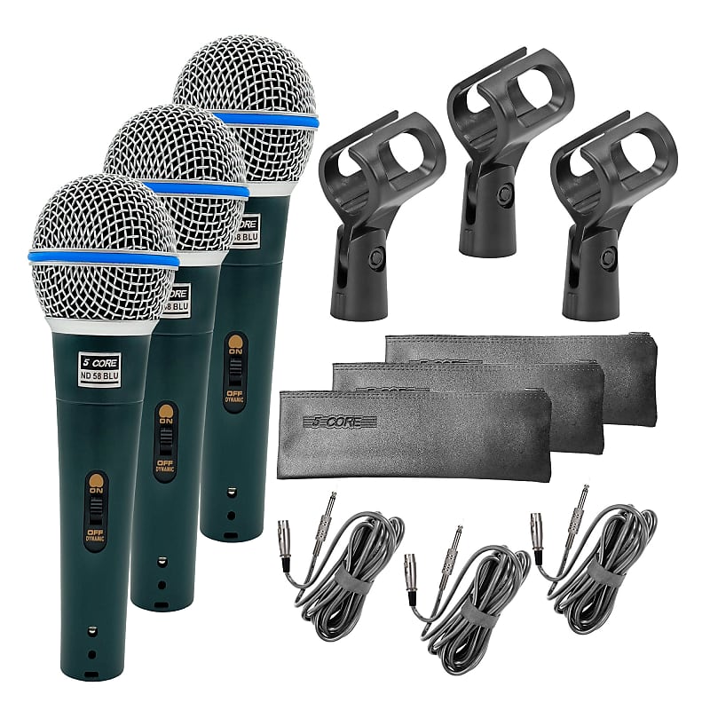 5Core 3 Pack Microphone Pro Neodymium Dynamic Mic XLR Audio Cardiod Karaoke w/ Mic Clip ND 58 Blu 3pcs