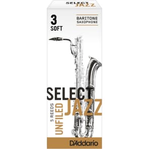 Rico RRS05BSX3S Select Jazz Baritone Saxophone Reeds, Unfiled - Strength 3 Soft (5-Pack)
