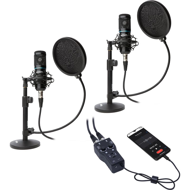 Movo Smartphone Podcast Microphone Bundle for iPhone, iPad - 2X Condenser  Microphone, 2X Desktop Mic Stand, 2X Studio Headphones, Dual Channel XLR