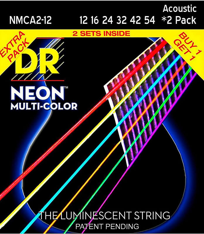 2 Pack DR Neon Multi-Colored Coated Acoustic Guitar Strings - Medium (12-54) image 1
