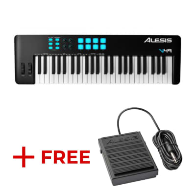 Alesis V49MKII Keyboard Midi Controller 49 Key w/ Pads (Black) + FREE Alesis ASP-1 MKII Universal Sustain Pedal/Momentary Footswitch (BUNDLE)