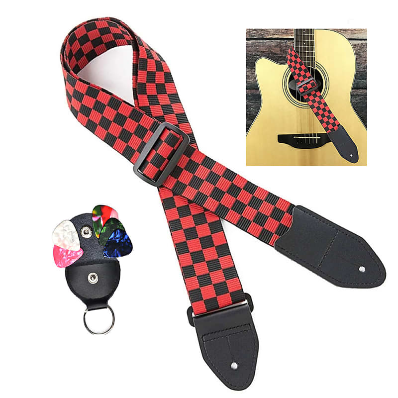 Black Red Checkered Guitar Strap Guitar Picks, Picks Holder, Strap Locks. SHIPS FAST! image 1