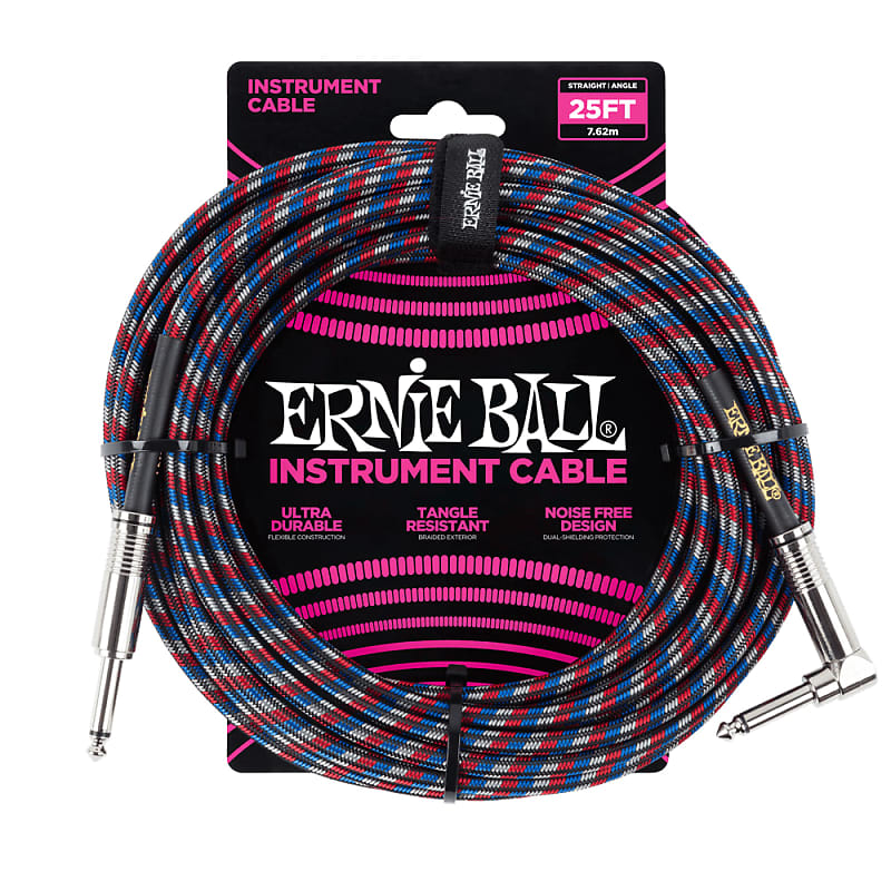 Ernie Ball 6063 25ft Straight/Angle Braided Red/White/Blue Braided Cable image 1