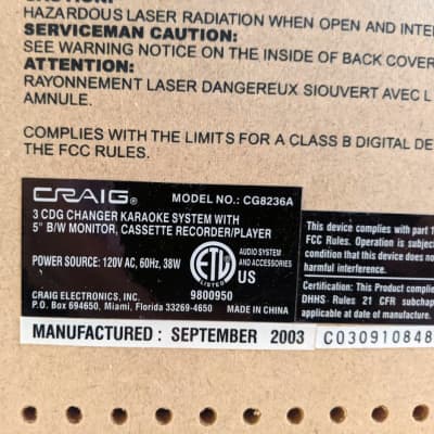 CRAIG CG8570 VIDEO KARAOKE SYSTEM CD/CD-R/CD+G 5.5 BLACK AND WHITE LED  DISPLAY