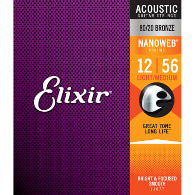 Elixir 11077 Nanoweb 80/20 Bronze Light Medium Acoustic Guitar Strings 12-56 image 2
