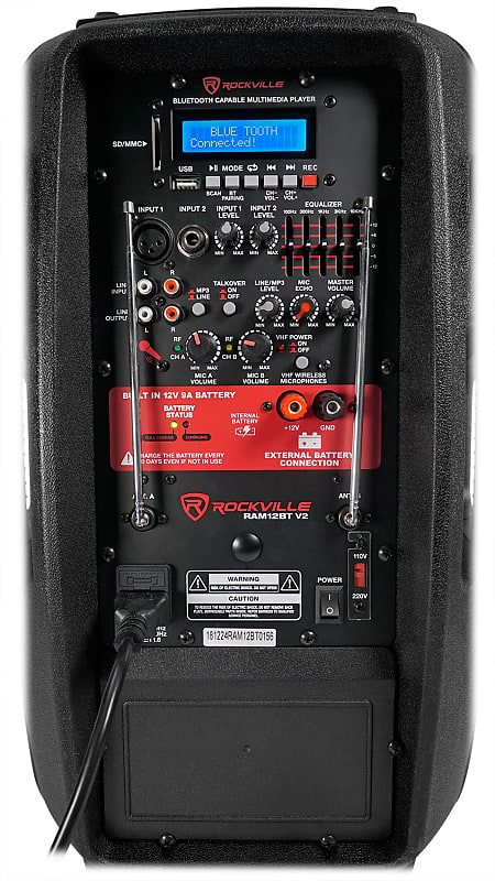 Rockville RAM12BT Altavoz PA DJ recargable de 12 pulgadas de 600 W, 2  micrófonos, Bluetooth y enlace estéreo inalámbrico TWS (RAM12BT V2)