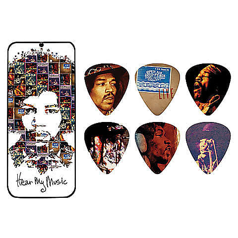 Dunlop JHPT07M Jimi Hendrix Signature Hear My Music Medium Guitar Pick Tin (6-Pack) image 1