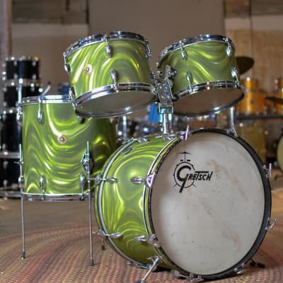 Immagine 1960s Gretsch "Rock 'n Roll" Olive Satin Flame Drum Kit - 1