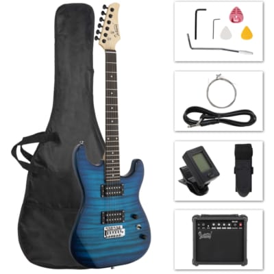 Glarry GST Stylish H-H Pickup Tiger Stripe Electric Guitar Kit with 20W AMP Bleu for sale