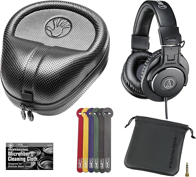 Audio-Technica ATH-M30x Closed-Back Monitor Headphones (Black) + Slappa Full Sized HardBody PRO Headphone Case (SL-HP-07) + Cable Ties + TheImagingWorld Cloth  			