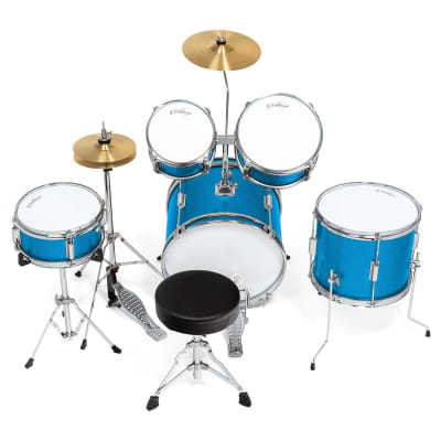 5-Piece Complete Junior Drum Set With Genuine Brass Cymbals - Advanced Beginner Kit With 16" Bass, Adjustable Throne, Cymbals, Hi-Hats, Pedals & Drumsticks - Blue image 3