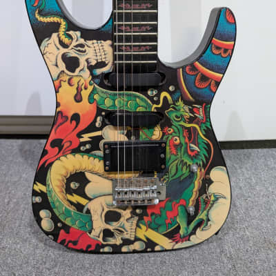 Rockster Super Strat Solid Body Electric Guitar Dragon 80's Tattoo Project Non-functioning image 4