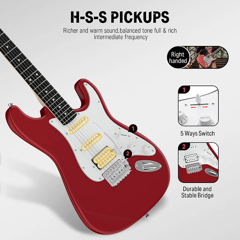 39 Inch Electric Guitar Beginner Kit Red Full Size Solid Body Hss