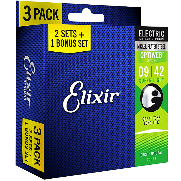 Elixir 16550 Optiweb Nickel-Plated Steel Electric Guitar Strings - Super Light (9-42) 3-Pack image 1
