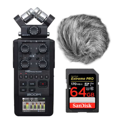 Zoom H6 6-Track Handy Recorder (Black, 2020 Model) w/Zoom Windscreen and SanDisk 64GB Extreme PRO Memory Card Bundle