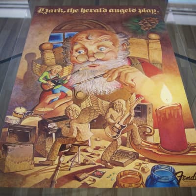 Fender Telecaster, Precision Bass, Rhodes & Twin Reverb Authentic Vintage Poster Christmas Campaign "Hark the Herald Angels Play" Artist Endicott Circa-1970's-Multi Color image 9