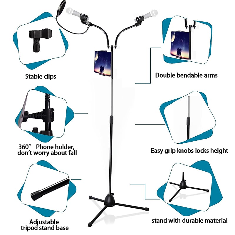 Updated Double Gooseneck Microphone Stand For Singing,Height Up To 6 Feet  Heavy Duty Tripod Mic Stands With Mic Clip Holders,Mic Stand With Two