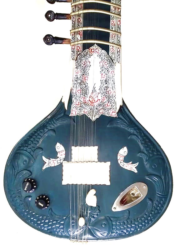 Indigo Teal Blue Indian Acoustic Electric Fusion SITAR Guitar Cedar Wood w Diecast Quality Tuners image 1
