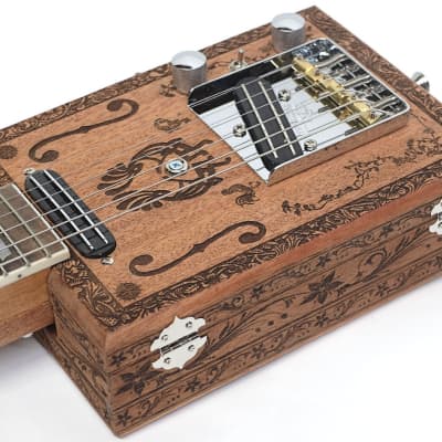 Handcrafted 2 Pickup Engraved Mahogany 6 String Opening Body 24.75"Scale Electric Cigar Box Guitar image 7