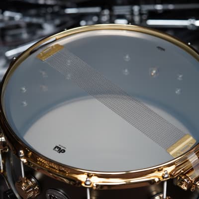 DW USA Collectors Series Black Satin Over Brass 6.5" x 14" Snare Drum w/ Gold Hardware (2023) image 8