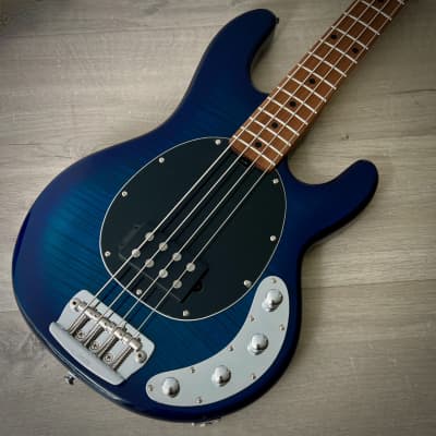 Sterling by Music Man Stingray RAY34FM  Flame Maple 4-String Bass, Neptune Blue image 1