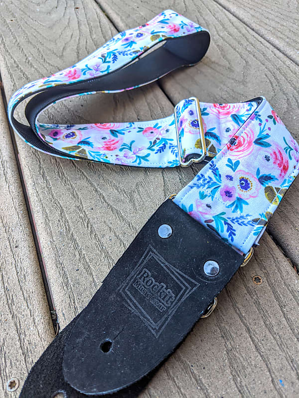 Rockit Music Gear Pink, Teal, Purple, Green and White Spring Floral Print Handmade Guitar Strap White image 1