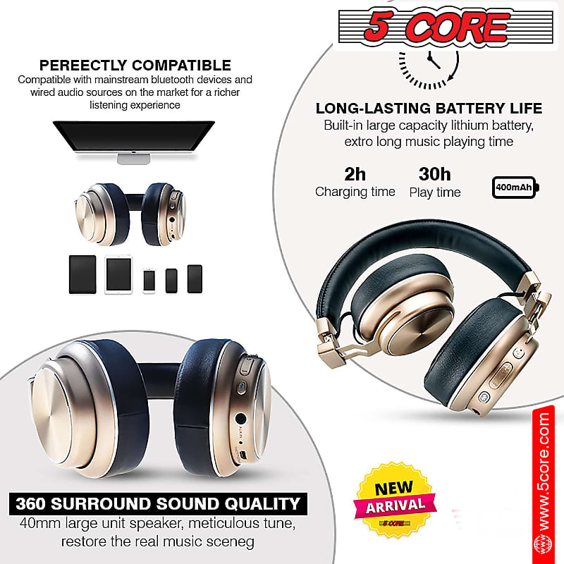 5 Core Bluetooth Over Stereo (Gold) 13 HEADPHONE Foldable Cancelling Head Ear NOise Noise Cancelling G Lightweight | Reverb Headset Wireless Headphone
