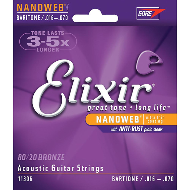Elixir 11306 Nanoweb Nickel Plated Steel Baritone Acoustic Guitar Strings (16-70) image 1
