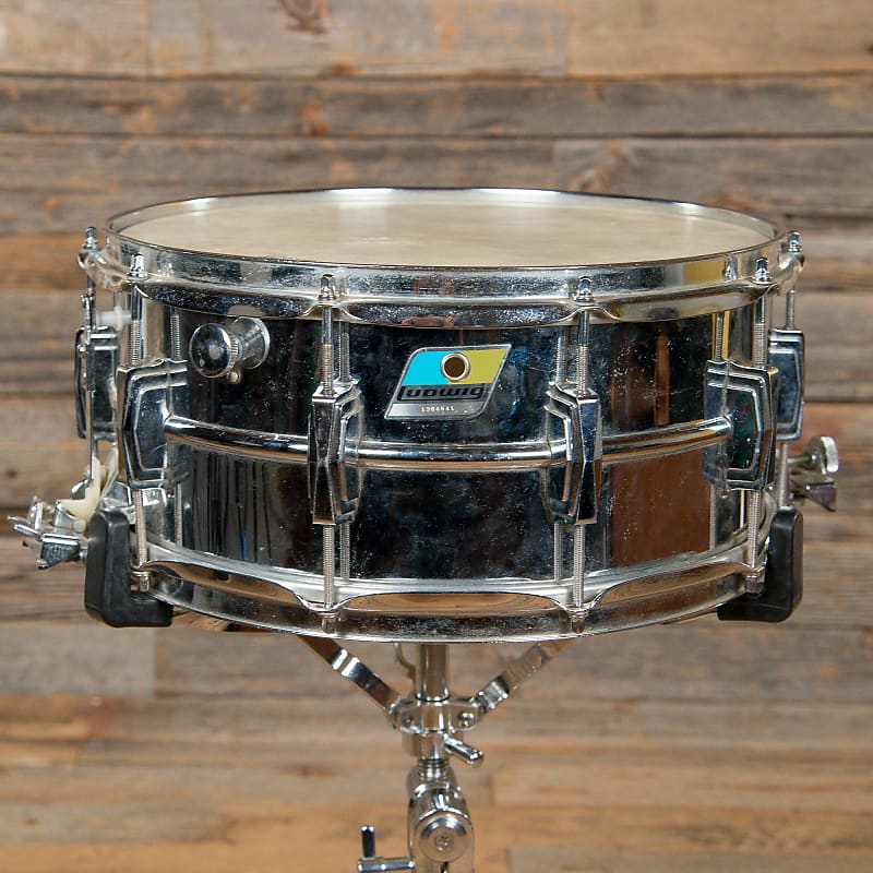 Ludwig No. 411 Super-Sensitive 6.5x14" Aluminum Snare Drum with Pointed Blue/Olive Badge 1969 - 1979 image 1