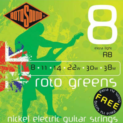 ROTOSOUND R8 Roto Greens Extra Light 008-038 Nickel plated Steel. Saiten für E-Gitarre for sale