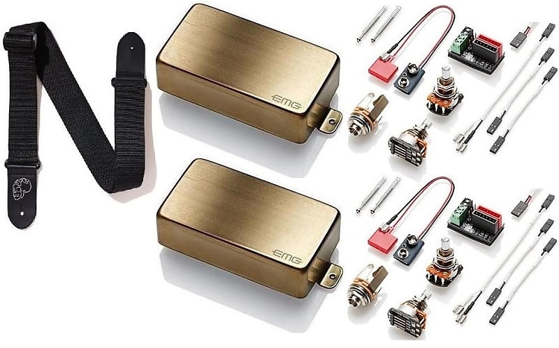 EMG 81 + 85 BRUSHED GOLD ACTIVE HUMBUCKER GUITAR PICKUP SET SHORT SHAFT  POTS & WIRING ( SKULL STRAP)