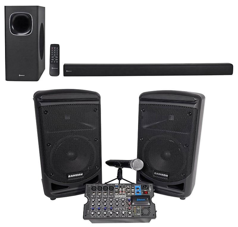 Samson Expedition XP800W 8" Portable PA DJ Speaker System + Rockbar Soundbar image 1
