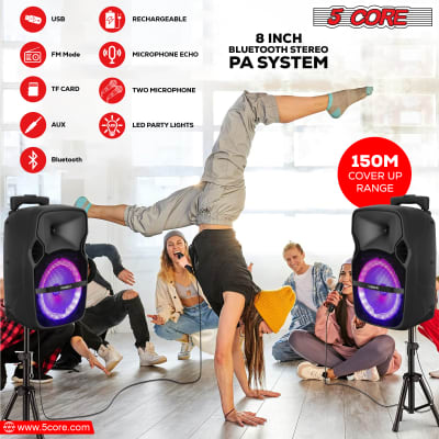 5 Core DJ speakers 8" Rechargeable Powered PA system 250W Loud Speaker Bluetooth USB SD Card AUX MP3 FM LED Ring - ACTIVE HOME 8 2-MIC image 8
