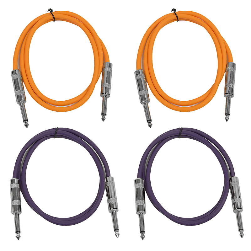 4 Pack of 2 Foot 1/4" TS Patch Cables 2' Extension Cords Jumper - Orange & Purple image 1