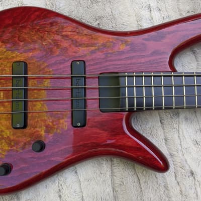 2007 Zon Sonus 4 String Bass, Ash, Trans Red, Custom Bartolinis, 24 Fret Neck, Bag image 1