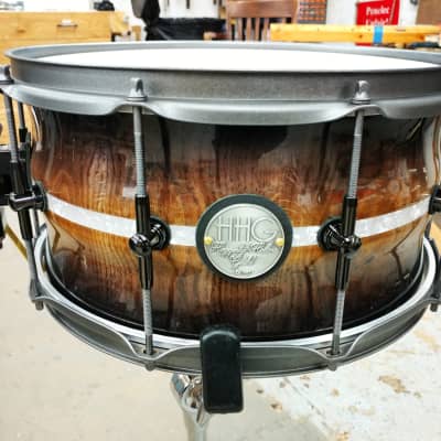 HHG Drums 14x7 Contoured White Oak Stave Snare Drum, High Gloss Whisky Burst with White Marine Pearl image 5