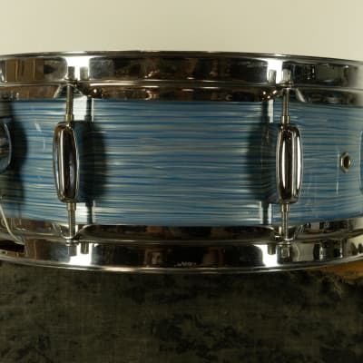 1960s Rogers 5x14 Light Blue Pearl Ripple Powertone Snare Drum image 4