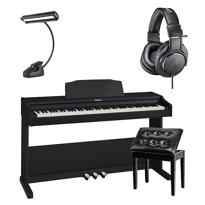 Roland RP-102-BK Digital Piano (Black) - Bonnlo Padded Piano Bench - 14 LED Music Stand Light - AT ATHM20X image 1