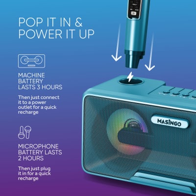 MASINGO Karaoke Machine for Adults and Kids with 2 UHF Wireless Microphones, Portable Bluetooth Singing Speaker, Colorful LED Lights, PA System, Lyrics Display Holder & TV Cable - Presto G2 Turquoise image 4