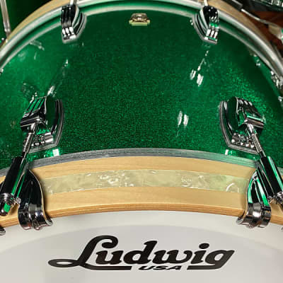 Ludwig Classic Maple Green Sparkle Fab kit w/ Vintage White Marine Bass Hoop Inlays image 2
