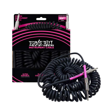 Ernie Ball Black Instrument Cable Ultraflex 30' Coiled Straight/Straight 6044 for sale