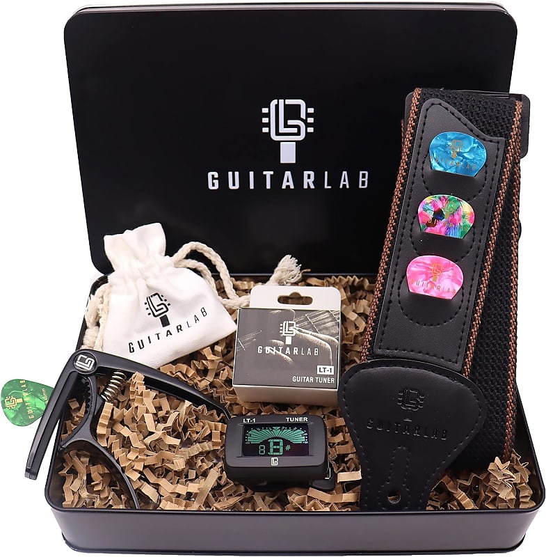 Guitar Accessories Kit - Premium METAL Tin - Includes Guitar Strap, Guitar Capo, Electronic Guitar Tuner & Guitar Picks - Acoustic, Bass, Electric, Ukelele - Ideal Gift Set for Guitar Lover image 1