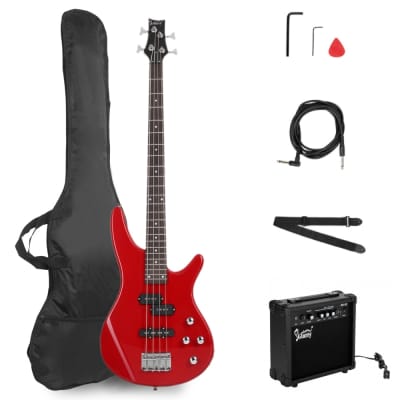 Glarry  Red GIB 4 String Bass Guitar Full Size SS pickups w/20W Amplifier image 1
